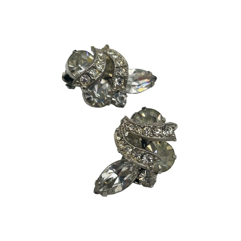Signed WEISS Clip On Rhinestones Earrings Clear Glass Stones Costume Jewelry
